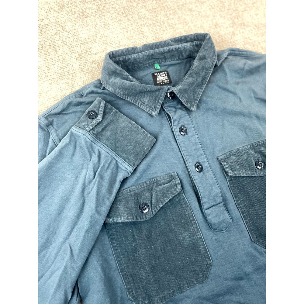 Mischief By Lost Popover Shirt Mens M Blue Cotton Corduroy French Terry Back Box